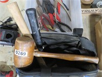 tool bag, 2 hammers, wooden mallet