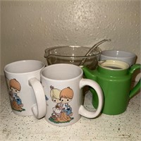 Vintage coffee mugs, bowl, tiny ceramic pitcher