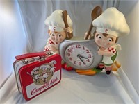 Campbell’s soup clock and small Campbell’s kids