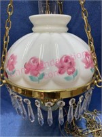 Vintage hand painted hanging lamp w/ glass prisms