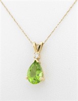 14K Yellow Gold Peridot, Diamond Pendant, Chain