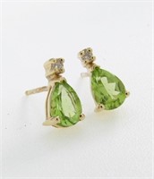 14K Yellow Gold Peridot, Diamond Earrings