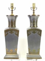 PAIR OF CHINESE PEWTER LAMPS ON LUCITE BASES