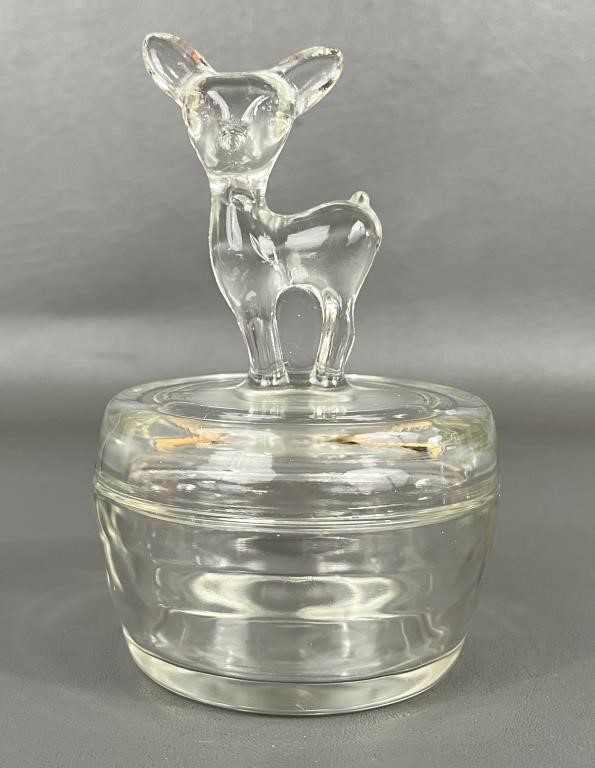 Vtg Jeanette Clear Glass Fawn Deer Powder Jar