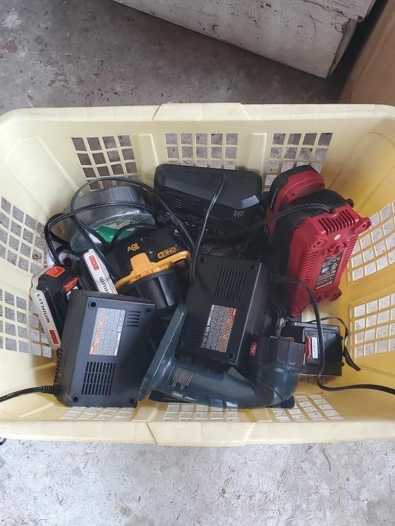 Basket Lot of Battery Chargers and Batteries