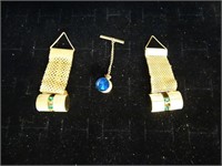 Cuff Links/Emerald Green Stone & Blue Tie Tack