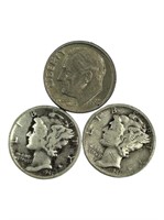 Three Mercury Dimes 7.5 grams of silver selling le