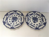 Pair of Matching Blue & White Cutout Lace Platters
