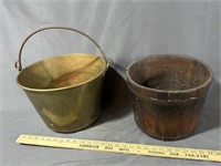 Antique brass bucket, and primitive wooden bucket
