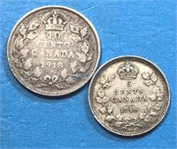 1918 5c & 10c Silver Coins - Canada