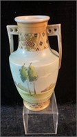 Nippon Hand Painted  2 Handled Vase, 9" h.