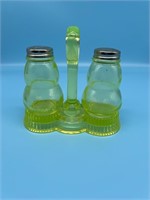 Vintage Vaseline Glass Salt & Pepper Set W/ Caddy