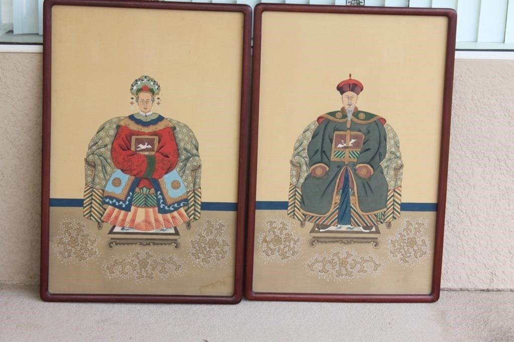 Pair of Chinese Ancestral Pastel on Silk