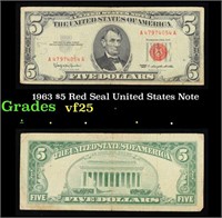 1963 $5 Red Seal United States Note Grades vf+