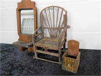 Wooden Wall Mounted Mirror & Shelf, Doll Chair, &