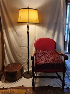 Ottoman,  Floor Lamp, Red Chair w/ Riser Cushion