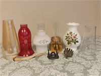 MISC OIL LAMP SHADES & PARTS 9 PIECES