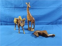 Wooden Giraffe, Horse, Camel Figures