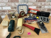 2 touch dial phones, clocks, radio, drill set