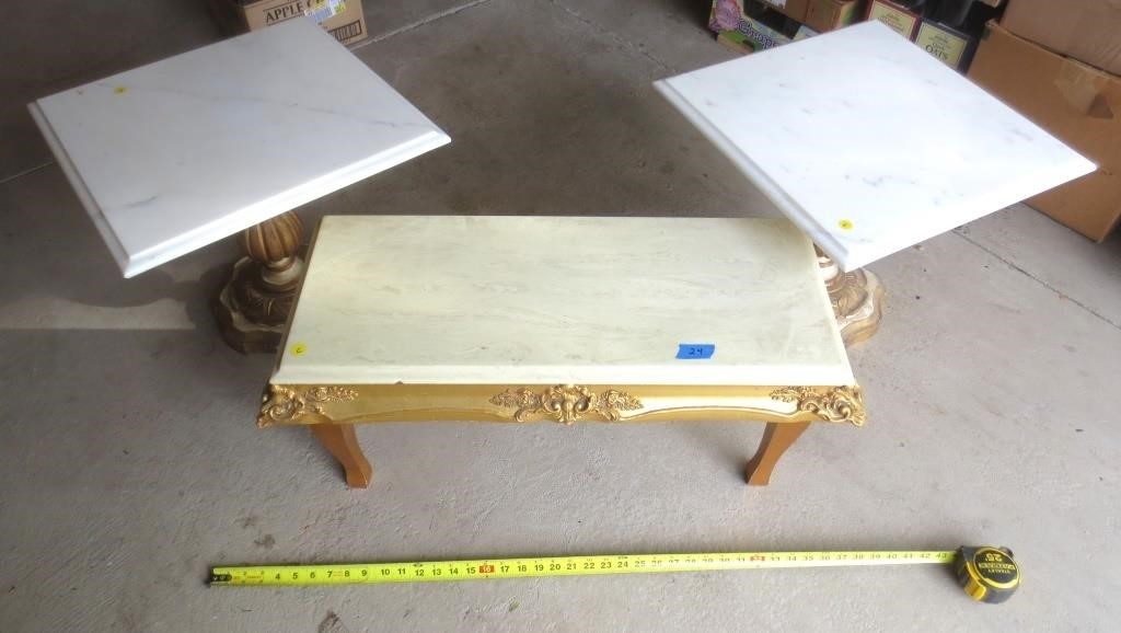 3 short stands, marble type tops