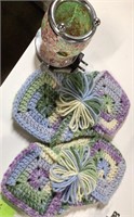Crocheted, hot pads, and a plug-in light