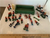 Small wood toy wagon with plastic men & horses