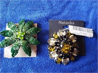 2 Pc Flower Pins, Green & Yellow/ Black