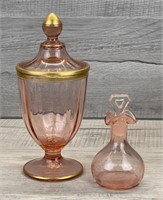 PINK DEPRESSION GLASS CANDY DISH & CRUET