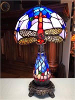 Tiffany Style Leaded Glass Blue Red Dragonfly Lamp