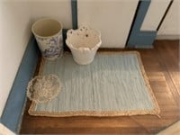 THROW RUG, DOILY, PAPER TRASH CAN AND CERAMIC