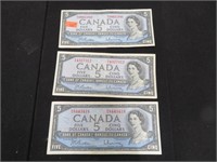 3 - 1954 Can $5 bills, circulated