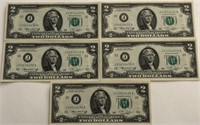 (5) 1976 $2 Bills in Sequence