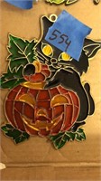 stained glass cat with pumpkin