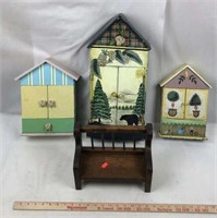 3 Birdhouse Style Cabinets and Miniature Bench