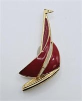 Vintage Trifari Gold Tone Red Enamel Sailboat Pin