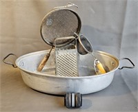 Vintage Roaster Pan, Strainers, Knife Sharpener