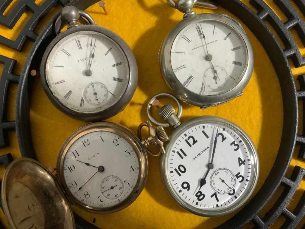 4 pocket watches (Seikosha, IWCo, Elgin w/brass