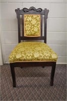 Antique carved, upholstered side chair, front
