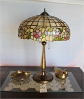 leaded lamp, brass duck and ash tray