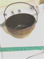 Primitive glazed pottery handled bowl 9 1/2 in