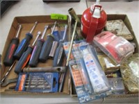 2 flats w/nut drivers, drill bits, oil can, misc