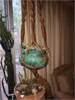 Vintage Hanging Blue Planter & Hanger