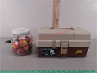 Tackle Box with contents, & Jar full of Bobbers