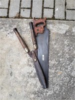 Antique, wood handled bolt cutters & saw