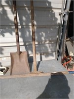 VINTAGE HOE, SHOVEL, WOOD HANDLE