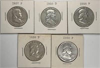 Lot of 5: Franklin Half Dollars