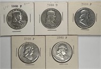 Lot of 5: Franklin Half Dollars