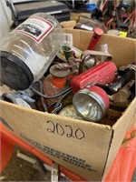 Box of Misc Shop items,saws, oil can vintage