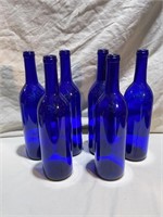 6 Cobalt Blue Empty Wine Bottles