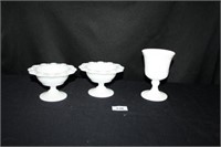 White Glassware; 2 Pedestal Dishes; 1 Wine Glass
